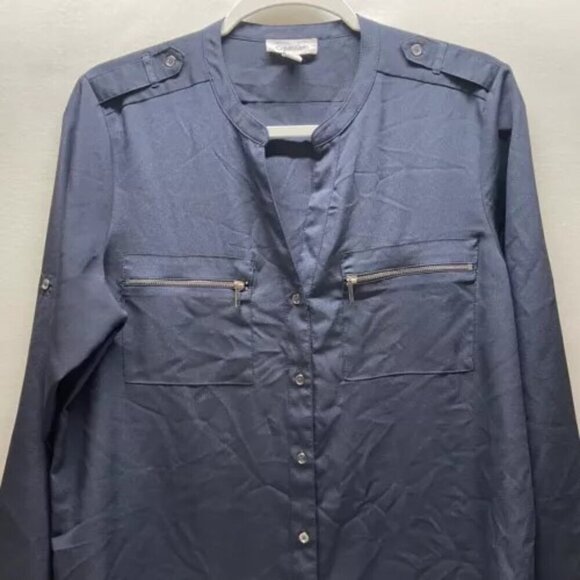 Calvin Klein Women's Large V-Neck Button Up Blouse Charcoal Grey Roll Tab Sleeve - Picture 2 of 13